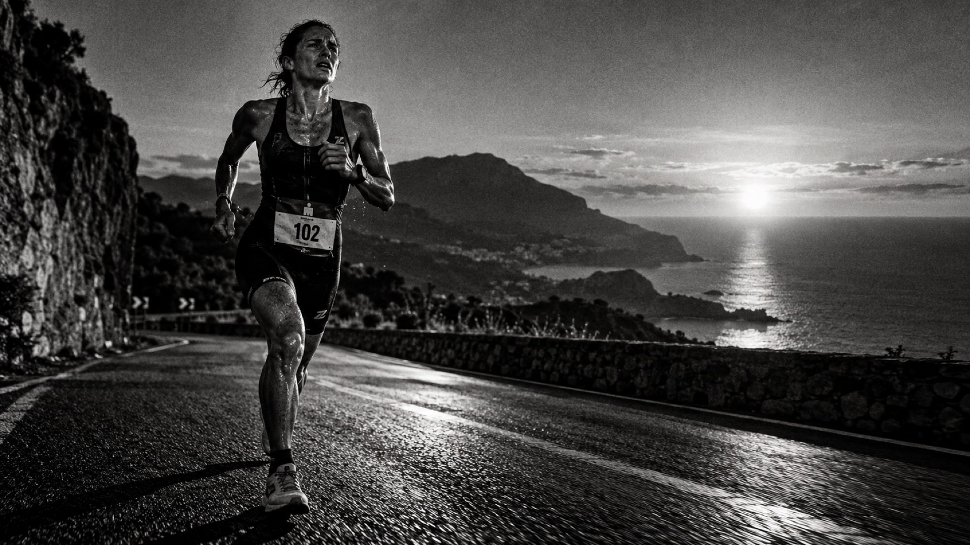 Coureur à pleine foulée sur une route côtière à l'aube